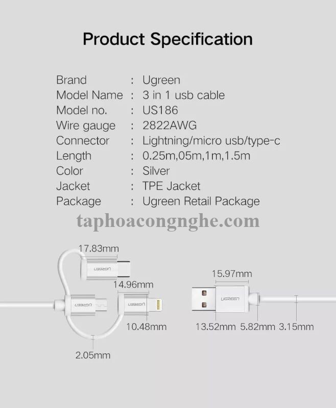 Ugreen 30783 0.5M màu Đen Cáp sạc đa năng USB sang TypeC + Micro + Lightning US186 30030783